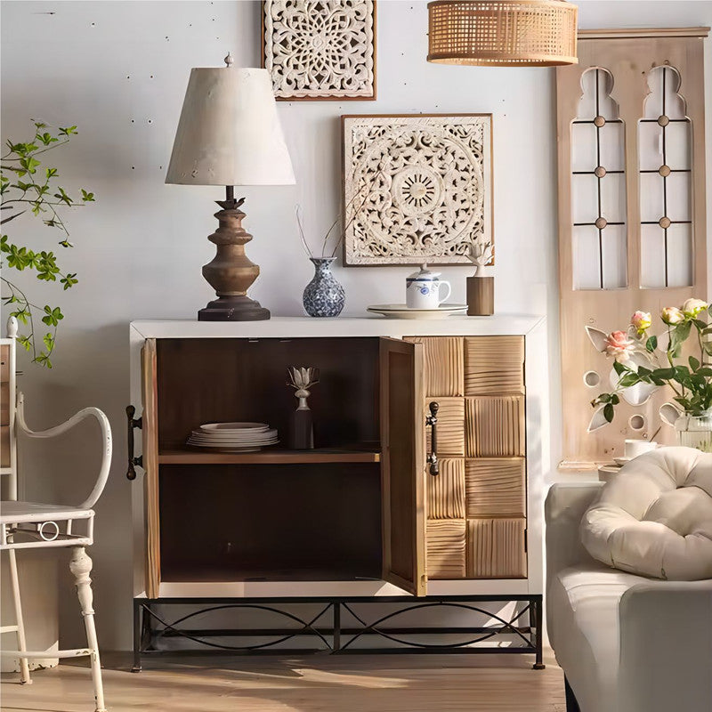 Farmhouse Style Retro Living Room Cabinet Solid Wood Furniture with 3 Carving Door