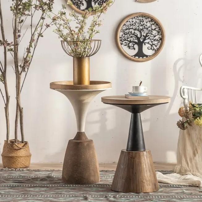 Modern Round Retro Nature Wood Top Side Table Living Room Metal Base Coffee Table