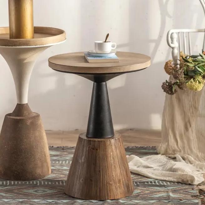Modern Round Retro Nature Wood Top Side Table Living Room Metal Base Coffee Table