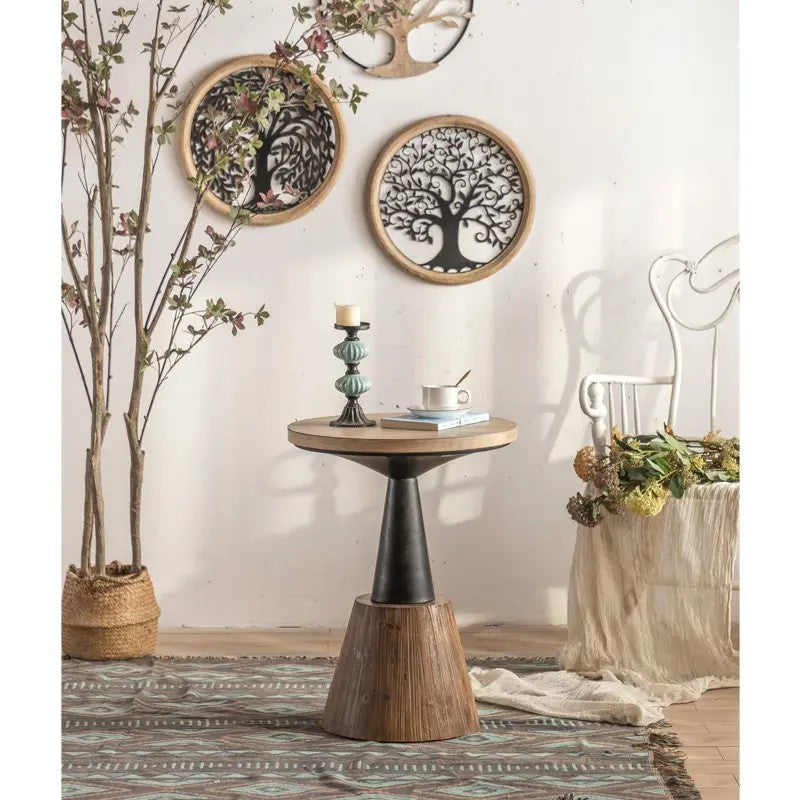 Modern Round Retro Nature Wood Top Side Table Living Room Metal Base Coffee Table