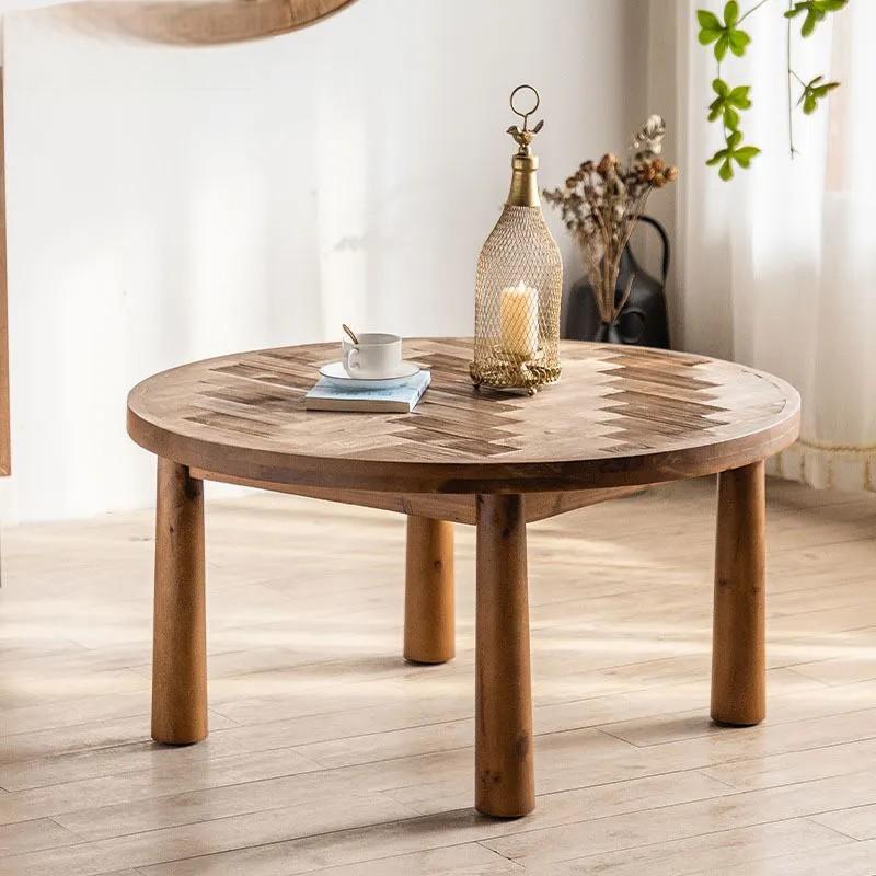Home Living Room End Table Solid Wood Top Round Center Tea Coffee Table