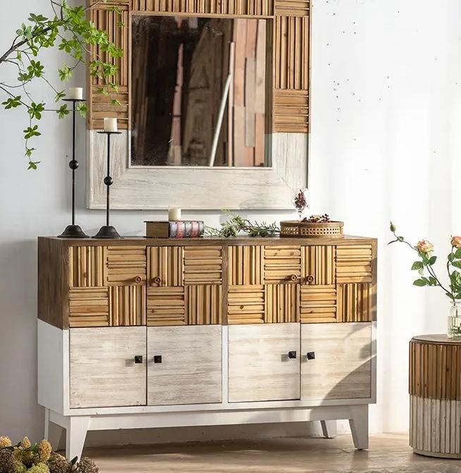 Home Interior Storage Craft Wood Carving Cabinet Rustic Wooden Cupboard Vintage Reclaimed Side Living Room Cabinet