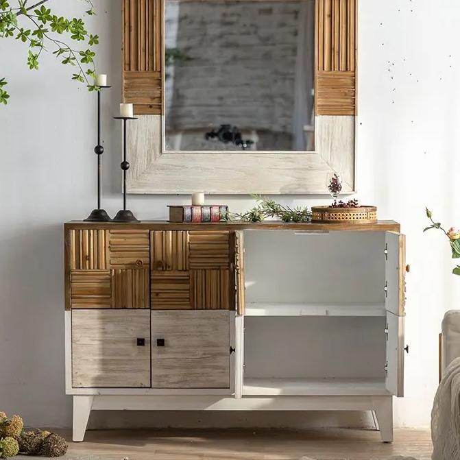 Home Interior Storage Craft Wood Carving Cabinet Rustic Wooden Cupboard Vintage Reclaimed Side Living Room Cabinet