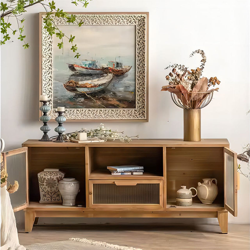Modern TV Stand Living Room Furniture Wooden TV Cabinet with Glass Door Storage Drawers