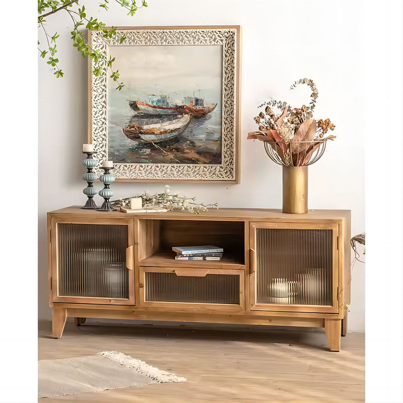 Modern TV Stand Living Room Furniture Wooden TV Cabinet with Glass Door Storage Drawers