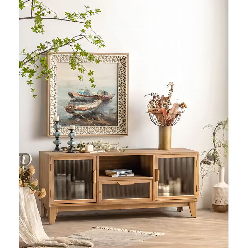 Modern TV Stand Living Room Furniture Wooden TV Cabinet with Glass Door Storage Drawers