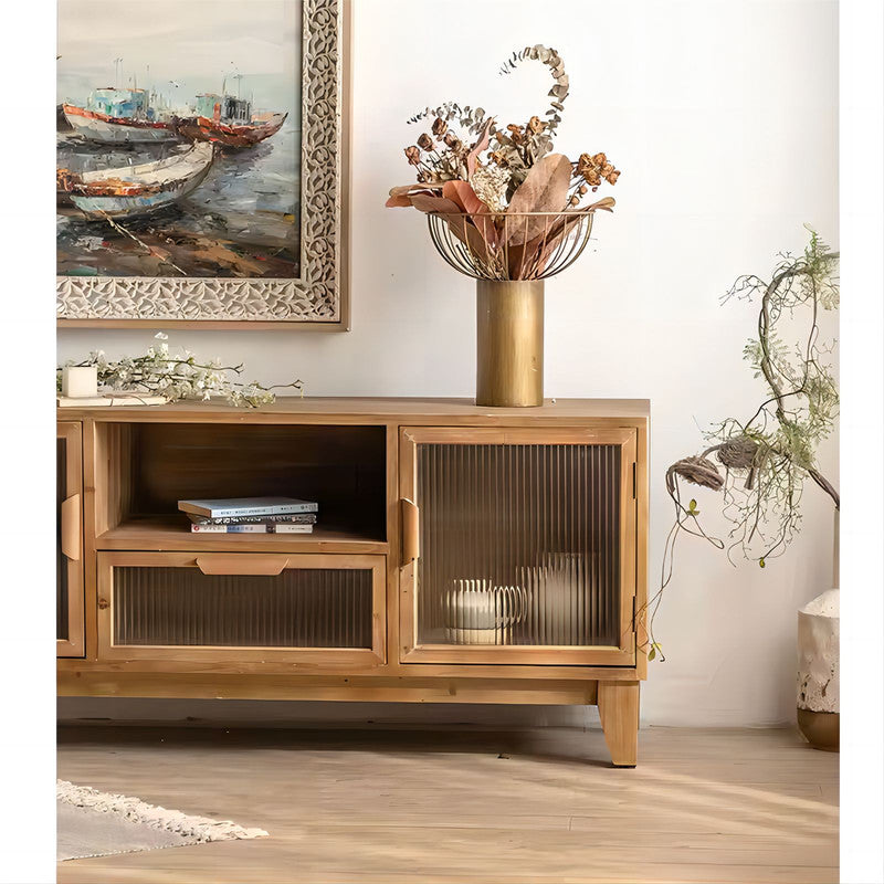 Modern TV Stand Living Room Furniture Wooden TV Cabinet with Glass Door Storage Drawers