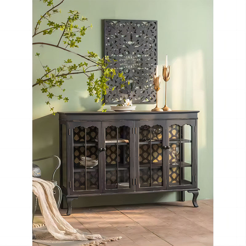 Modern Black Sideboard Wood Frame Storage Cabinet with Glass Doors