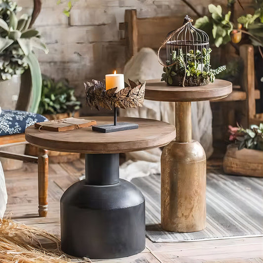 Classic Farmhouse Furniture Living Room Metal Base Round Wooden Coffee Table