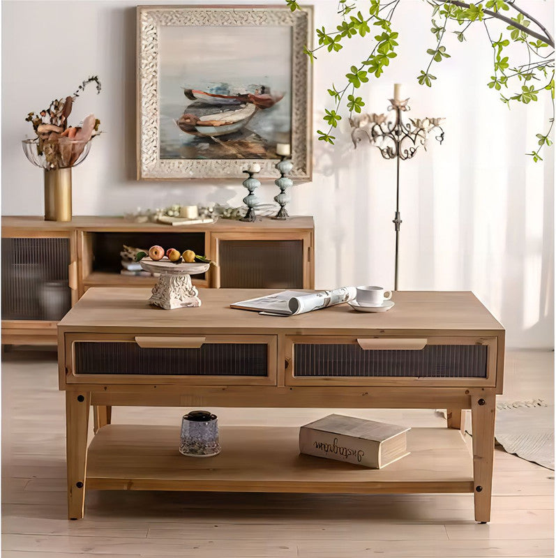 4 Glass Drawers Storage Center Tea Table Wooden Coffee Table with Shelf
