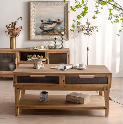 4 Glass Drawers Storage Center Tea Table Wooden Coffee Table with Shelf