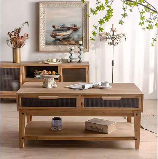 4 Glass Drawers Storage Center Tea Table Wooden Coffee Table with Shelf