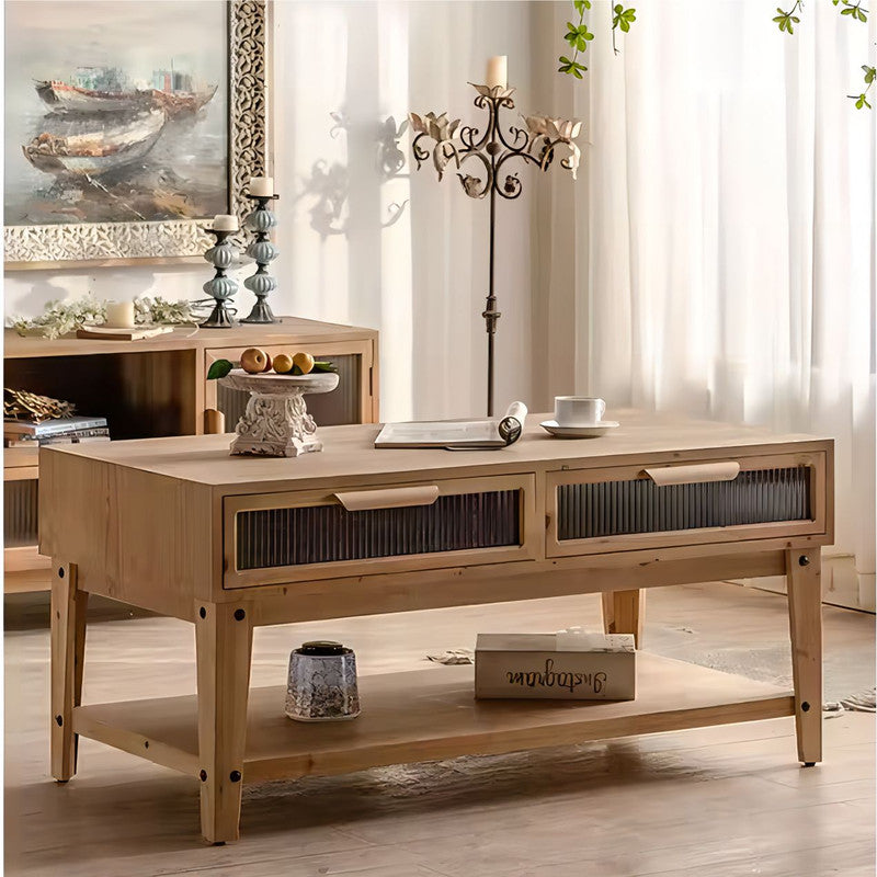 4 Glass Drawers Storage Center Tea Table Wooden Coffee Table with Shelf