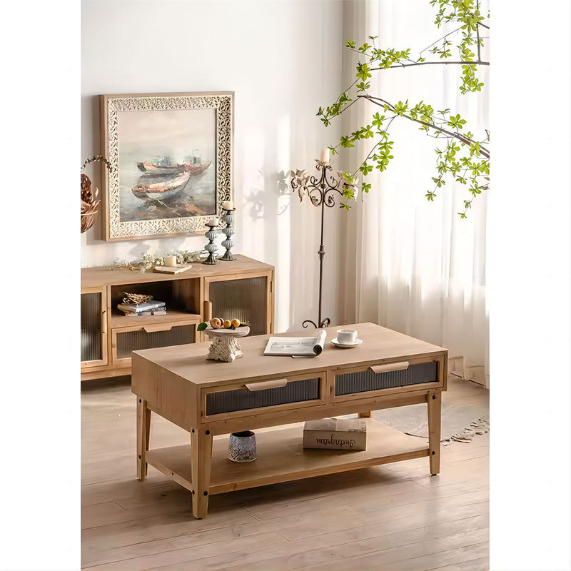 4 Glass Drawers Storage Center Tea Table Wooden Coffee Table with Shelf