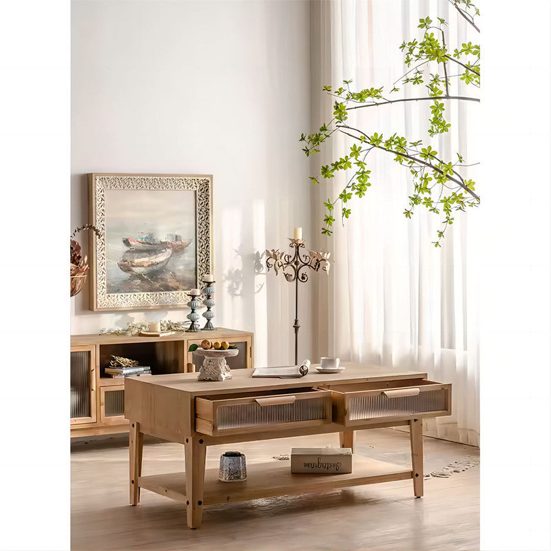 4 Glass Drawers Storage Center Tea Table Wooden Coffee Table with Shelf
