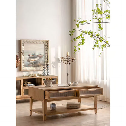 4 Glass Drawers Storage Center Tea Table Wooden Coffee Table with Shelf