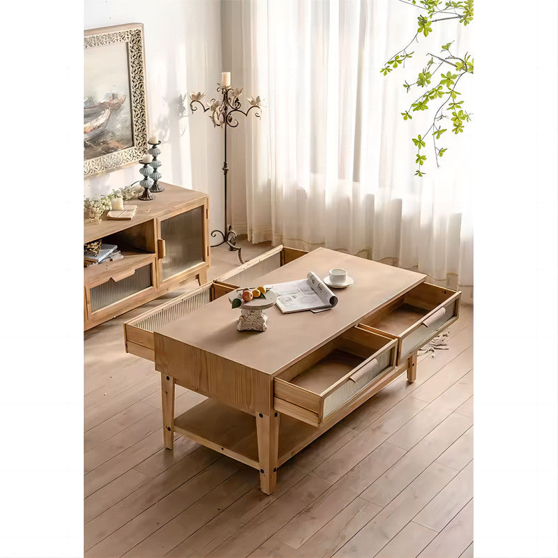 4 Glass Drawers Storage Center Tea Table Wooden Coffee Table with Shelf