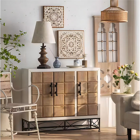 Farmhouse Style Retro Living Room Cabinet Solid Wood Furniture with 3 Carving Door