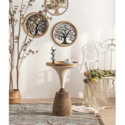Modern Round Retro Nature Wood Top Side Table Living Room Metal Base Coffee Table