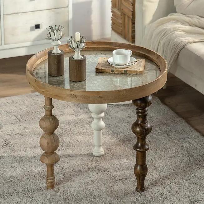 New Design Rustic Retro Farmhouse Home Decor Carved Top Table Round Solid Wood Dining End Coffee Table with 3 Legs