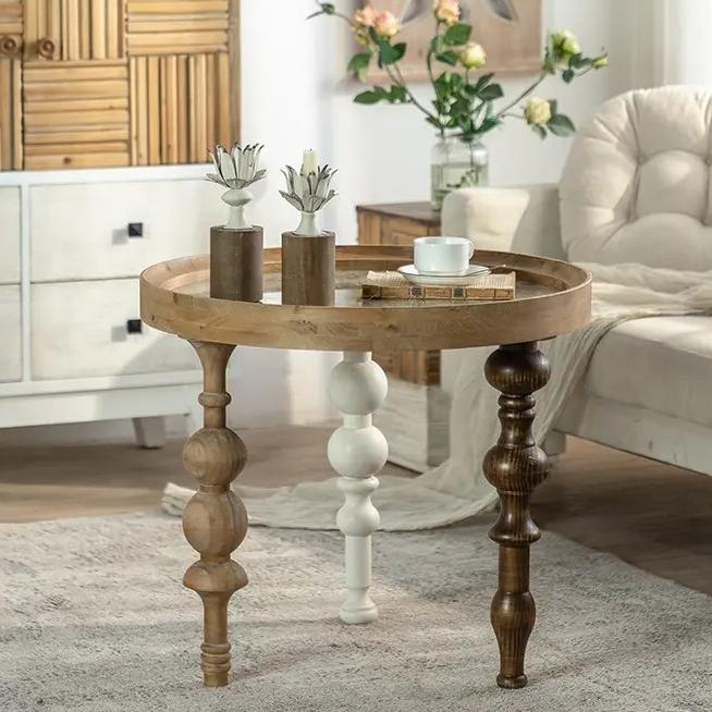 New Design Rustic Retro Farmhouse Home Decor Carved Top Table Round Solid Wood Dining End Coffee Table with 3 Legs