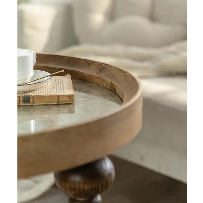 New Design Rustic Retro Farmhouse Home Decor Carved Top Table Round Solid Wood Dining End Coffee Table with 3 Legs