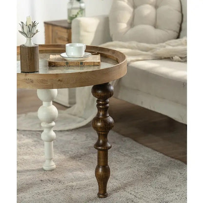 New Design Rustic Retro Farmhouse Home Decor Carved Top Table Round Solid Wood Dining End Coffee Table with 3 Legs
