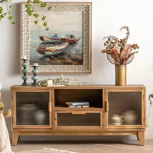 Modern TV Stand Living Room Furniture Wooden TV Cabinet with Glass Door Storage Drawers