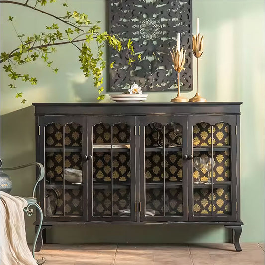 Modern Black Sideboard Wood Frame Storage Cabinet with Glass Doors
