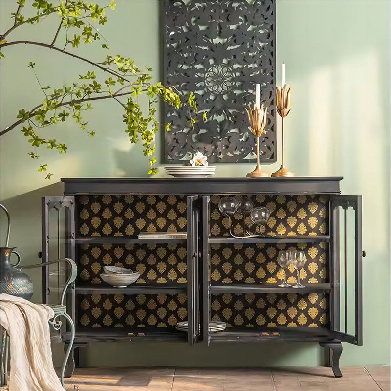 Modern Black Sideboard Wood Frame Storage Cabinet with Glass Doors