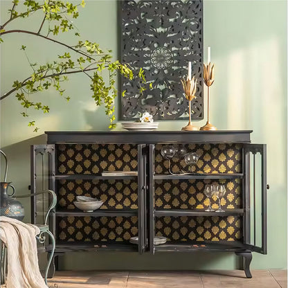 Modern Black Sideboard Wood Frame Storage Cabinet with Glass Doors