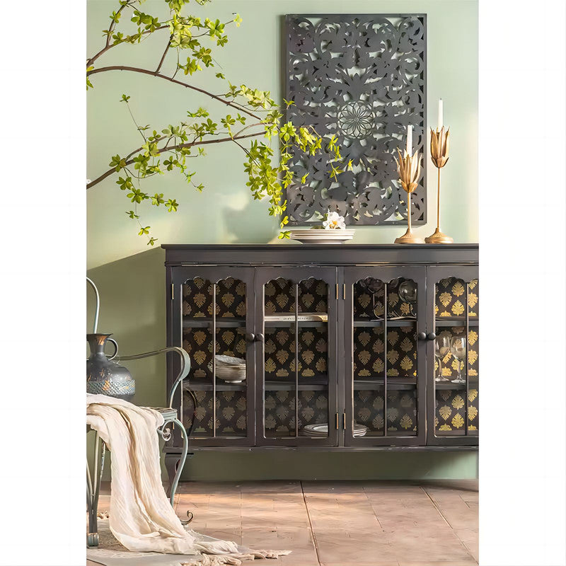 Modern Black Sideboard Wood Frame Storage Cabinet with Glass Doors