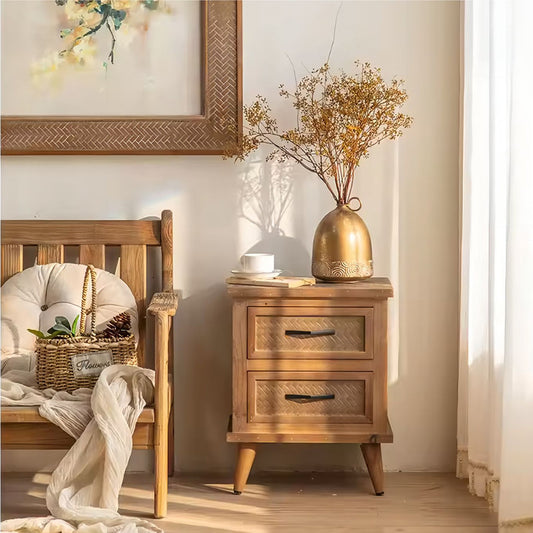 Retro Natural Solid Wood Bedside Table with Drawers