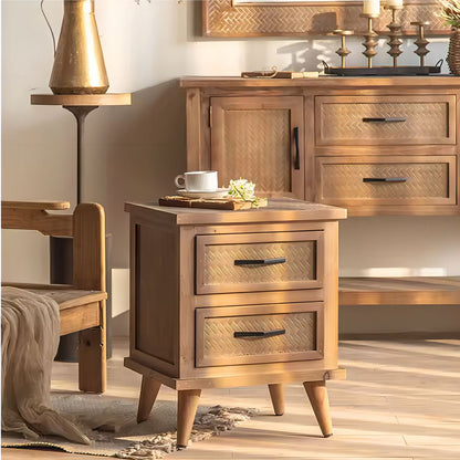 Retro Natural Solid Wood Bedside Table with Drawers