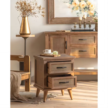 Retro Natural Solid Wood Bedside Table with Drawers