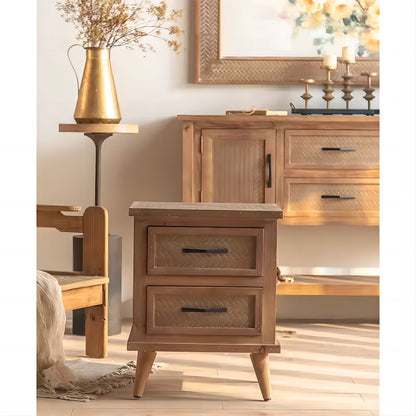 Retro Natural Solid Wood Bedside Table with Drawers