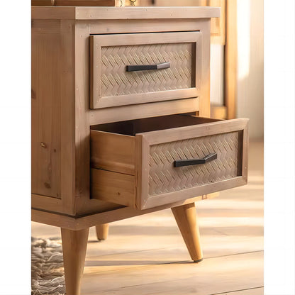 Retro Natural Solid Wood Bedside Table with Drawers